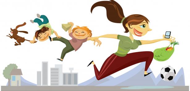 cartoon version of mom running with kids